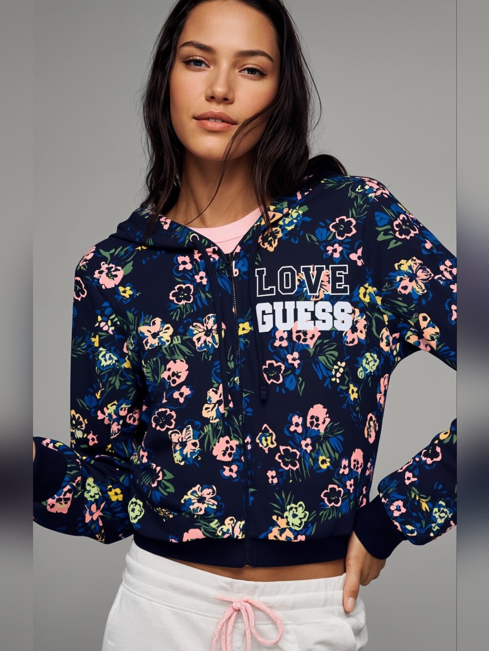 NWT Guess Black Floral Full Zip Hooded Sweatshirt